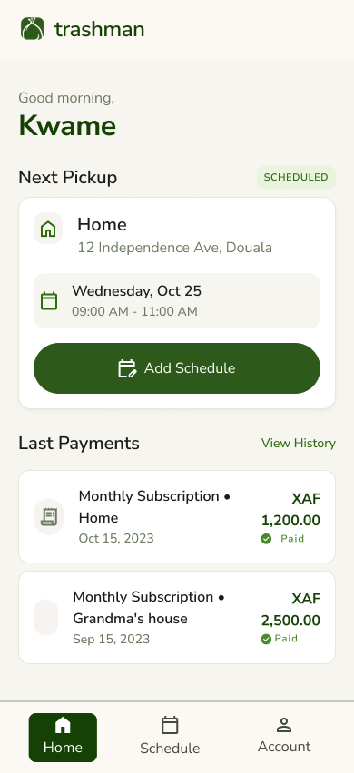 Trashman home dashboard showing next pickup and payment history